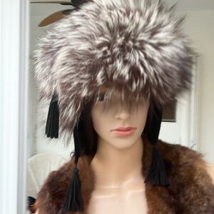 Luxurious real silver fox Hat with Black Tassels